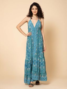 Aditi Wasan - Turquoise Printed Flared Maxi Dress