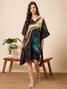 Aditi Wasan - Black Printed Loose Knee Length Kaftan Dress