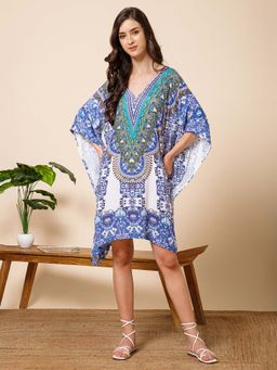 Aditi Wasan - Blue Printed Loose Knee Length Kaftan Dress