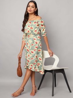 BRINNS - Green Printed Asymmetrical Knee Length Dress and Belt (Set of 2)