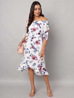 BRINNS - White Printed Asymmetrical Knee Length Dress and Belt (Set of 2)