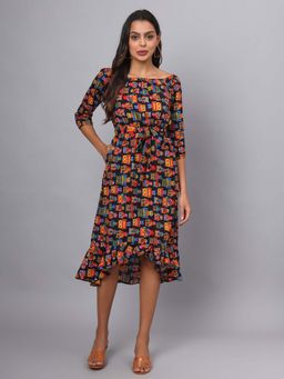 BRINNS - Multi-Color Printed Asymmetrical Knee Length Dress and Belt (Set of 2)