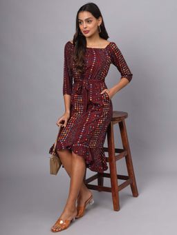 BRINNS - Maroon Printed Asymmetrical Knee Length Dress and Belt (Set of 2)