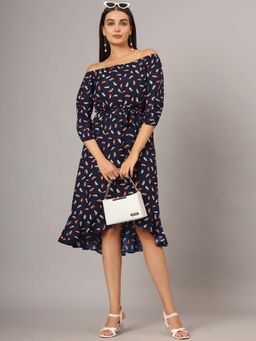 BRINNS - Navy Blue Printed Asymmetrical Knee Length Dress and Belt (Set of 2)