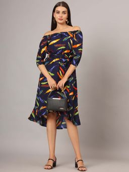 BRINNS - Navy Blue Printed Asymmetrical Knee Length Dress and Belt (Set of 2)