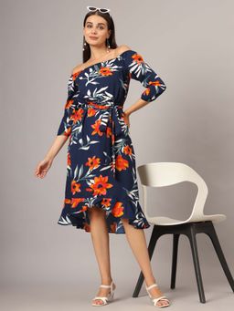 BRINNS - Navy Blue Printed Asymmetrical Knee Length Dress and Belt (Set of 2)