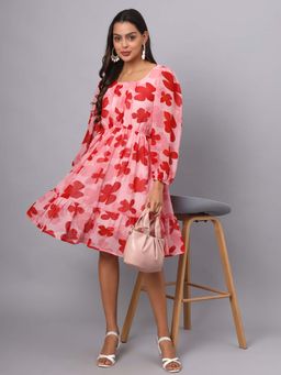 BRINNS - Red Printed Flared Knee Length Dress