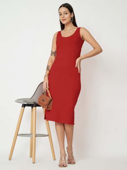 BRINNS - Maroon Solid Bodycon Midi Dress