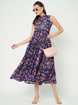 BRINNS - Navy Blue Printed Flared Midi Dress