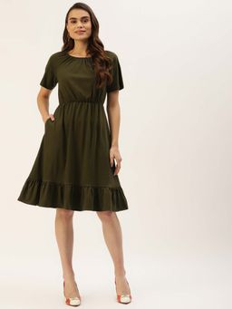 BRINNS - Olive Solid A-Line Knee Length Dress