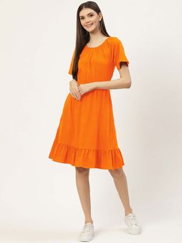 BRINNS - Orange Solid A-Line Knee Length Dress