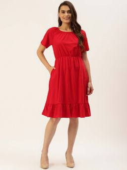 BRINNS - Red Solid A-Line Knee Length Dress