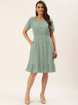 BRINNS - Green Solid A-Line Knee Length Dress