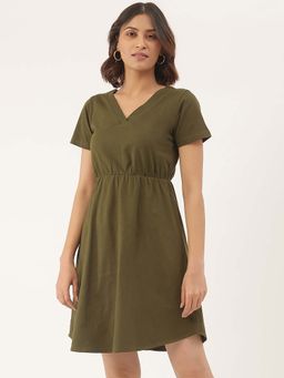 BRINNS - Olive Solid A-Line Mini Dress