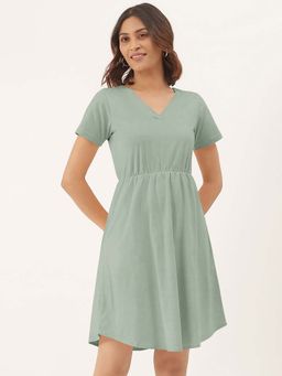 BRINNS - Green Solid A-Line Mini Dress