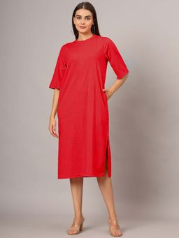 BRINNS - Red Solid Relaxed Midi Dress