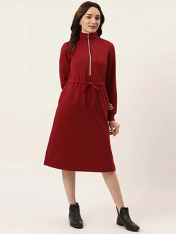 BRINNS - Maroon Solid A-Line Midi Dress