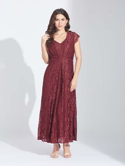 Latin Quarters - Maroon Self Design A-Line Maxi Dress