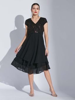 Latin Quarters - Black Embellished A-Line Knee Length Dress