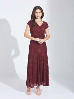 Latin Quarters - Maroon Self Design Regular Maxi Dress