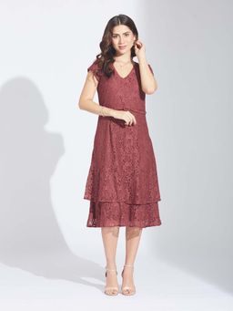 Latin Quarters - Rust Self Design Regular Midi Dress