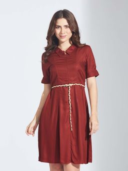 Latin Quarters - Brown Solid A-Line Mini Dress and Belt (Set of 2)