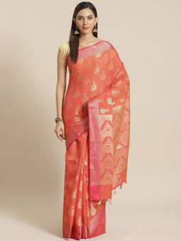 Indethnic - Banarasi Red Woven Design Festive Wear Saree With Unstitched Blouse