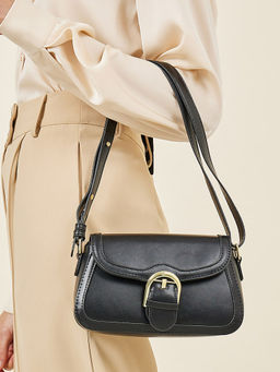 Styli - Women's Black Pu Belted Shoulder Bag