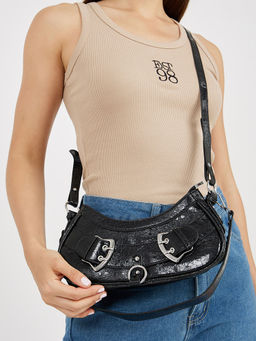 Styli - Women's Black Pu Two Side Belt Sling Bag