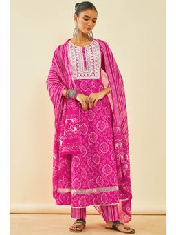 Soch - Women's Pink Cotton Bandhani Print Salwar Suit with Sequins (Set of 3)