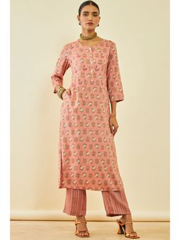Soch - Women's Peach Rayon Floral Print Kurta Set with Sequins (Set of 2)