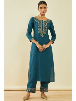 Soch - Women's Green Rayon Embroidered Kurta Suit with Thread Work (Set of 2)