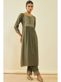 Soch - Women's Olive Rayon Embroidered Kurta Suit with Sequins (Set of 2)