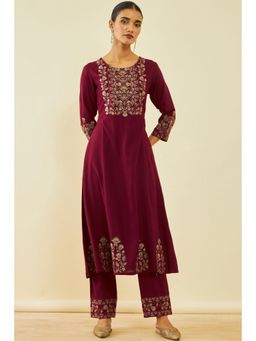 Soch - Women's Maroon Rayon Embroidered Kurta Suit with Thread Work (Set of 2)
