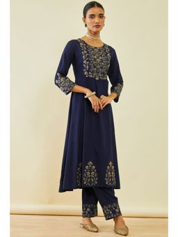 Soch - Women's Navy Blue Rayon Embroidered Kurta Suit with Thread Work (Set of 2)