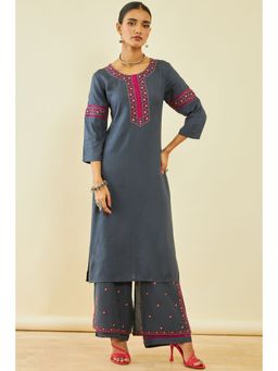 Soch - Women's Grey Rayon Slub Embroidered Kurta Suit with Thread Work (Set of 2)