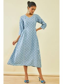 Soch - Women's Powder Blue Viscose Blend Ethnic Motifs Dress Kurta with Tassels