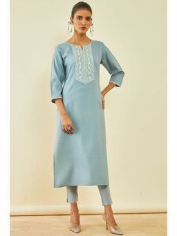 Soch - Women's Blue Rayon Embroidered Kurta with Thread Work