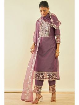 Soch - Women's Onion Purple Chanderi Embroidered Salwar Suit with Sequins (Set of 3)