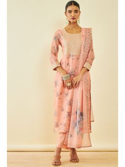 Soch - Women's Peach Chanderi Floral Print Salwar Suit with Sequins (Set of 3)