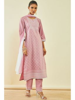 Soch - Women's Onion Pink Viscose Blend Geometric Print Salwar Suit (Set of 3)