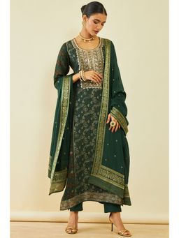 Soch - Women's Green Brocade Zari Woven Salwar Suit with Mirror Work (Set of 3)