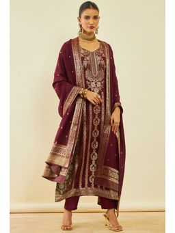 Soch - Women's Maroon Brocade Floral Print Salwar Suit with Beads and Stones (Set of 3)