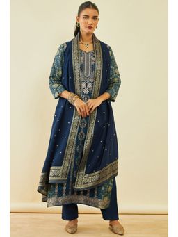 Soch - Women's Navy Blue Brocade Floral Print Salwar Suit with Beads and Stones (Set of 3)