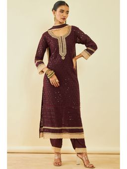 Soch - Women's Maroon Georgette Embroidered Salwar Suit with Sequins (Set of 3)