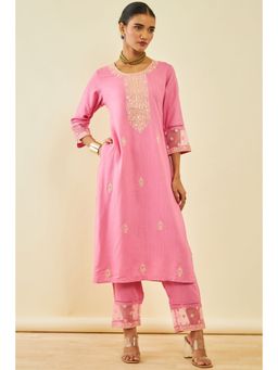 Soch - Women's Blush Pink Rayon Embroidered Kurta Suit with Sequins (Set of 2)