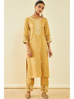 Soch - Women's Beige Rayon Embroidered Kurta Suit with Sequins (Set of 2)