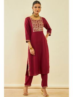 Soch - Women's Maroon Rayon Embroidered Kurta Set with Sequins (Set of 2)