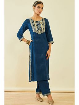 Soch - Women's Teal Rayon Embroidered Kurta Suit with Sequins (Set of 2)