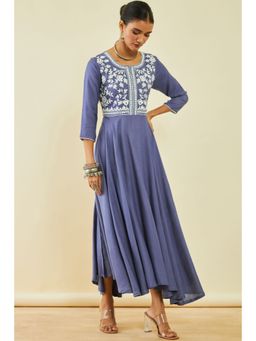 Soch - Women's Blue Viscose Embroidered Dress with Thread Work